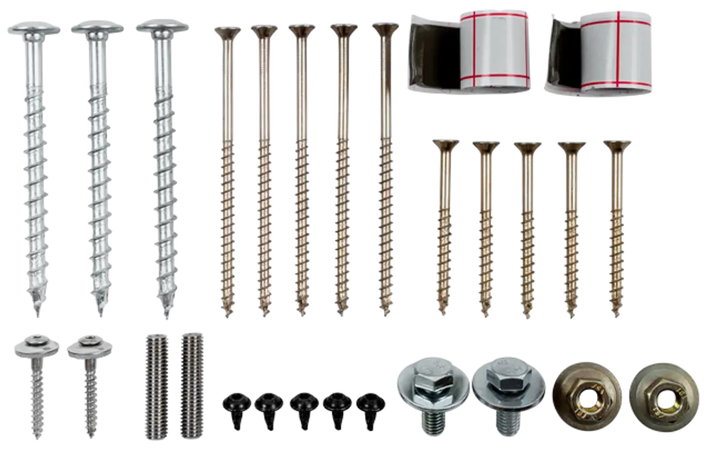 Befestigungsmaterial Set mit verschiedenen Schrauben und Butylband, präsentiert von Wolf, zur Verwendung in Bau- und Reparaturprojekten.